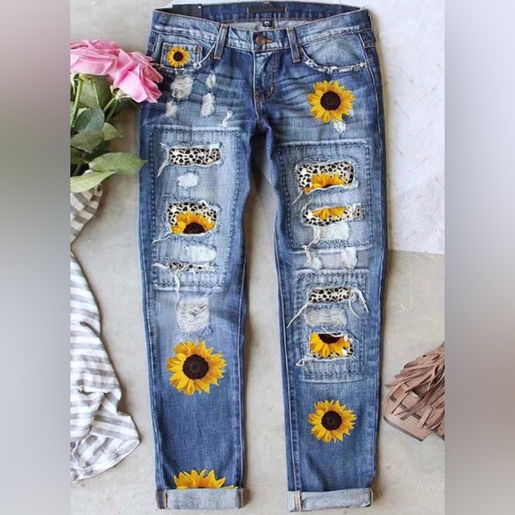 NWT Patch Ripped Boyfriend Distressed Stretch Skinny Denim Jeans with Hole